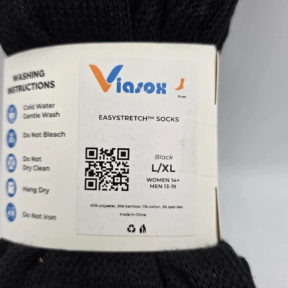 Viasox Easy Stretch Over Calf Socks Unisex Lg/Xl  Black Womens 14+ & Mens 13-19